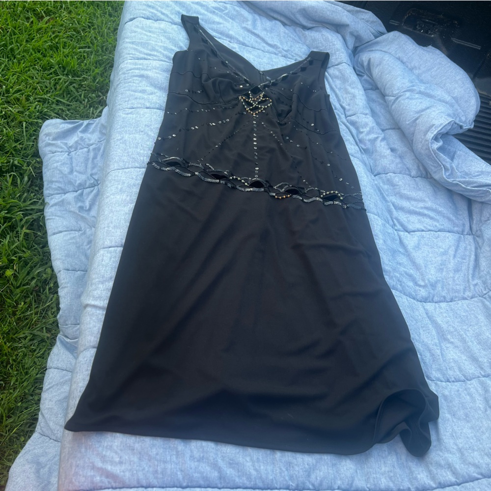 Vintage Bella Blue Paris Black Flapper Style Y2k Beaded Cocktail Dress Size 14 W